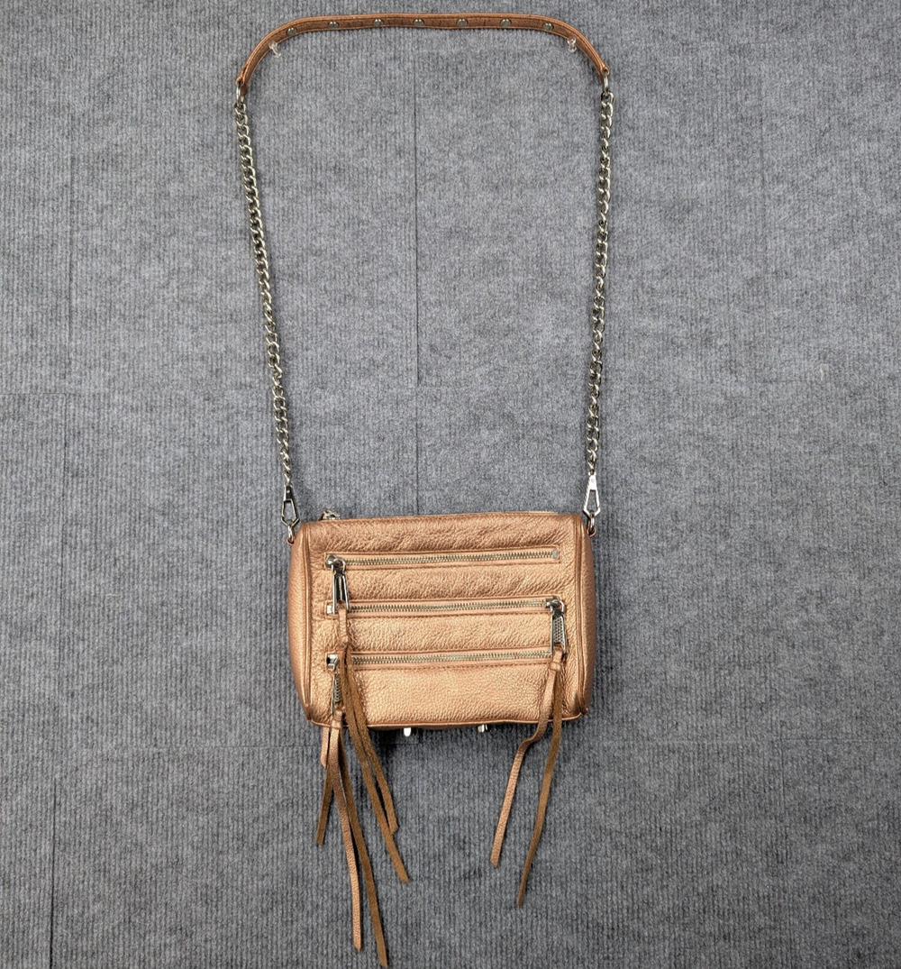 Rebecca Minkoff Crossbody Purse Mini 5 Zip Metallic Bronze Gold Tassel Leather